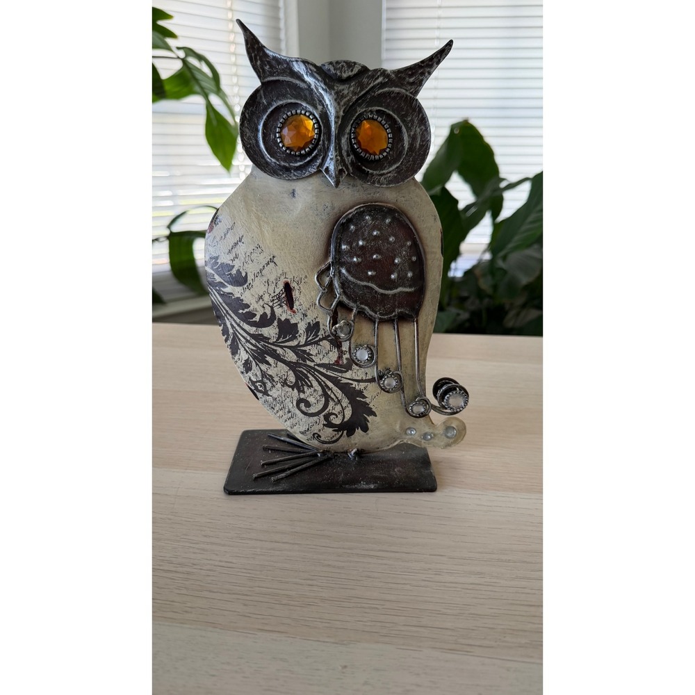 Rustic Metal Owl Figurine Distressed Cream Amber Eyes Rhinestone Decor 10"